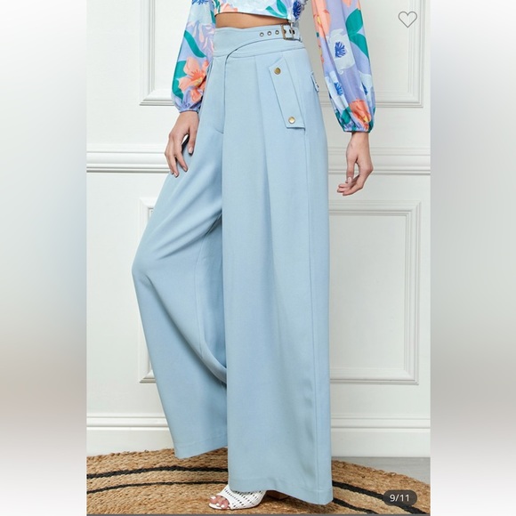 Alamia Blue Wide Leg Pocketed Buckled Trousers Pant - Picture 7 of 7